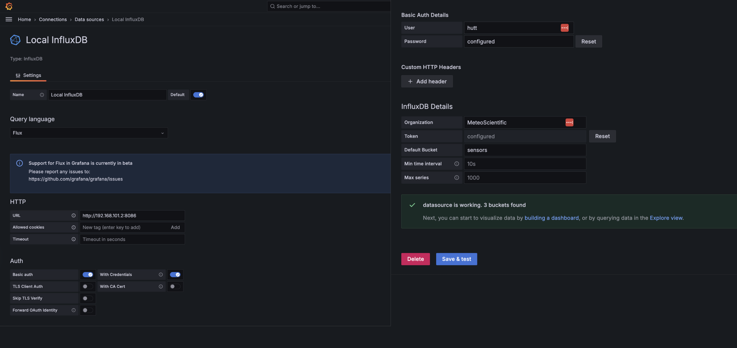 Grafana InfluxDB connection setup