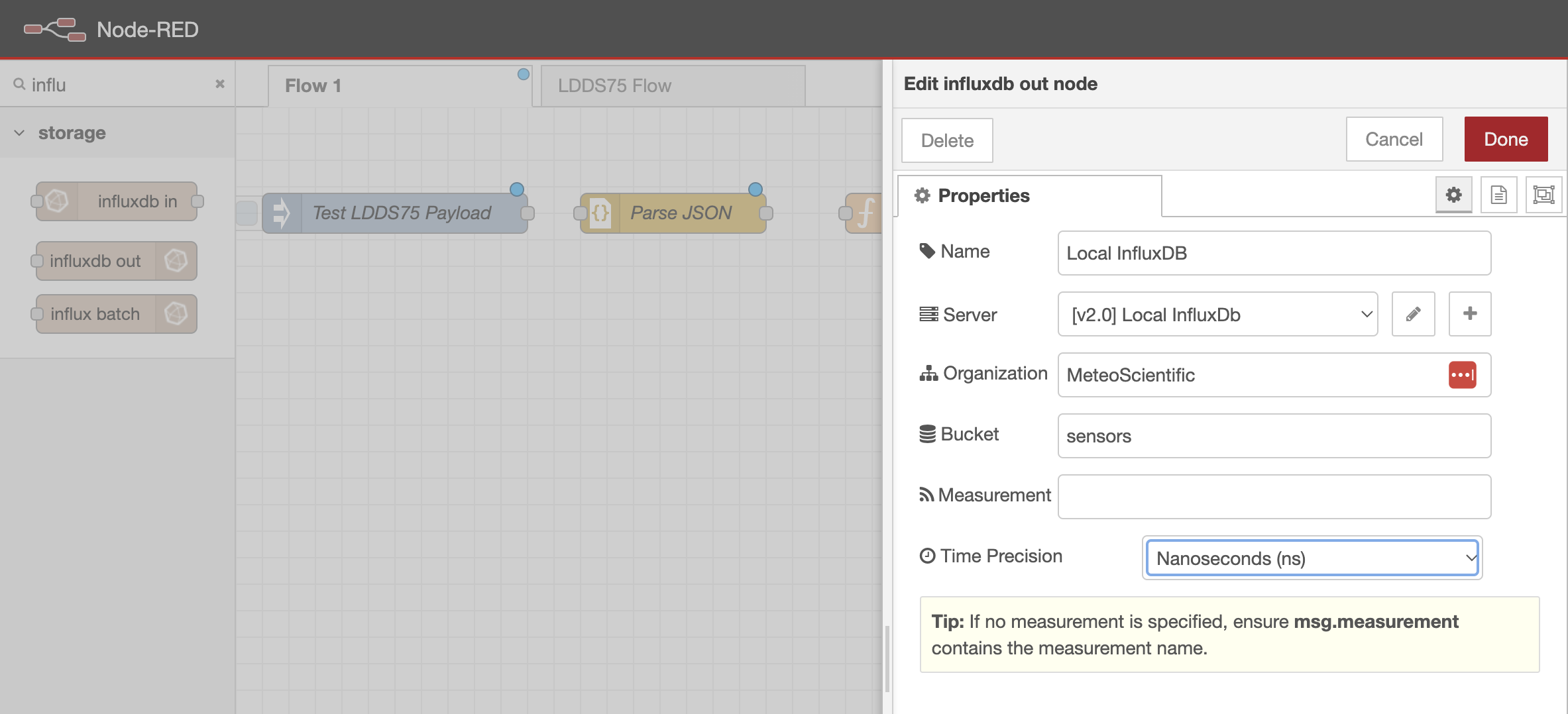 Configuring the InfluxDB out node